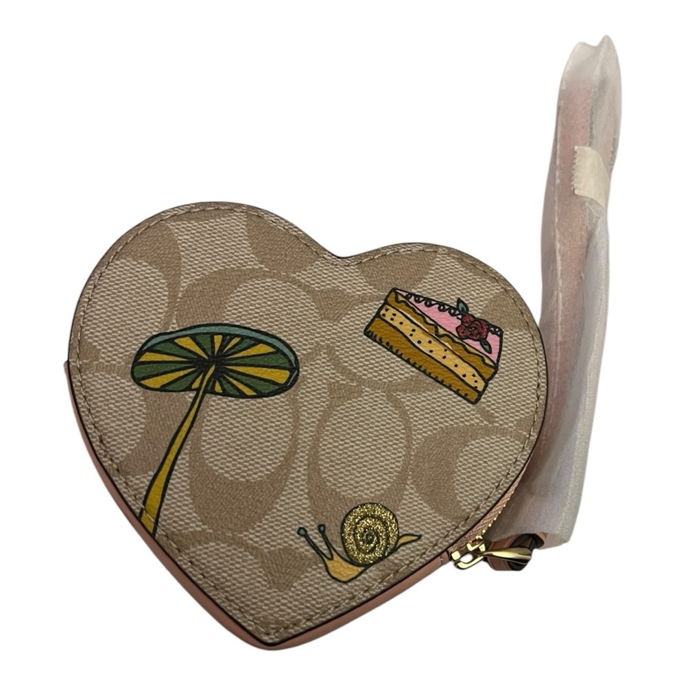 Coach X Observed By Us NWT Heart Coin Case In Signature Canvas in tan and pink - Picture 4 of 8